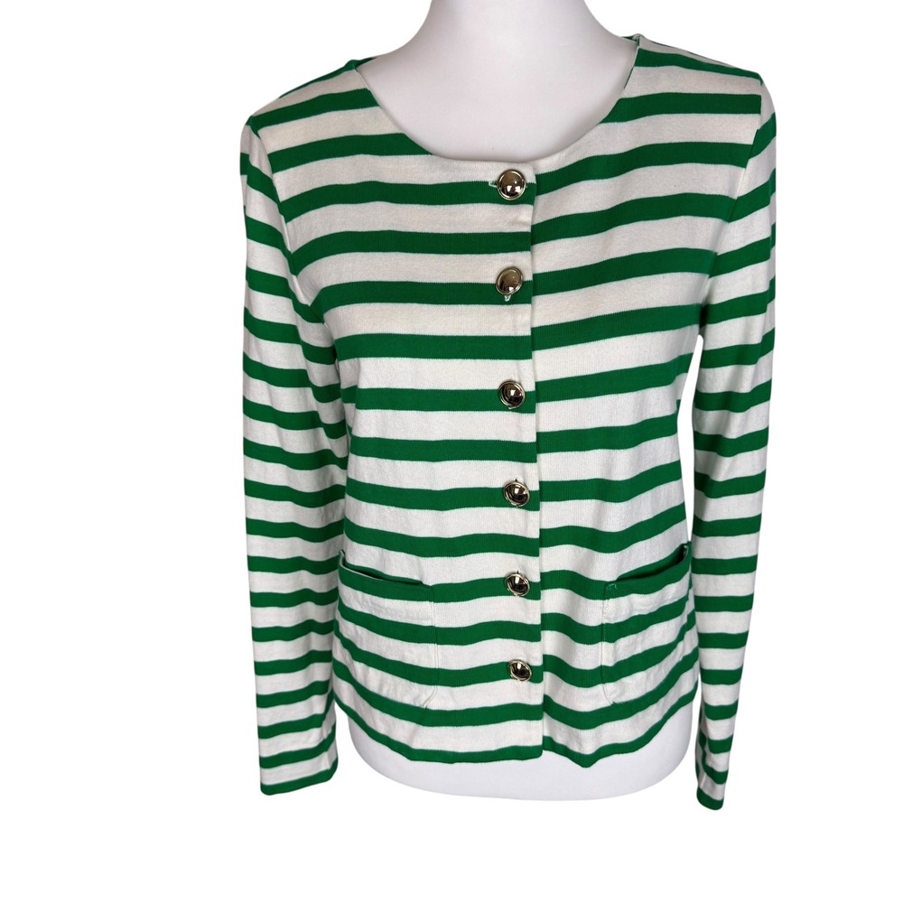 Talbots Green White Striped Cotton Cardigan‎ Gold Button Front Size XS